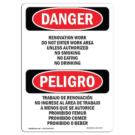 Signmission Sign, 24" H, 18" W, Rigid Plastic, Renovation Work Do Not Enter Work Area, Span, 1824-VS-1747 OS-DS-P-1824-VS-1747